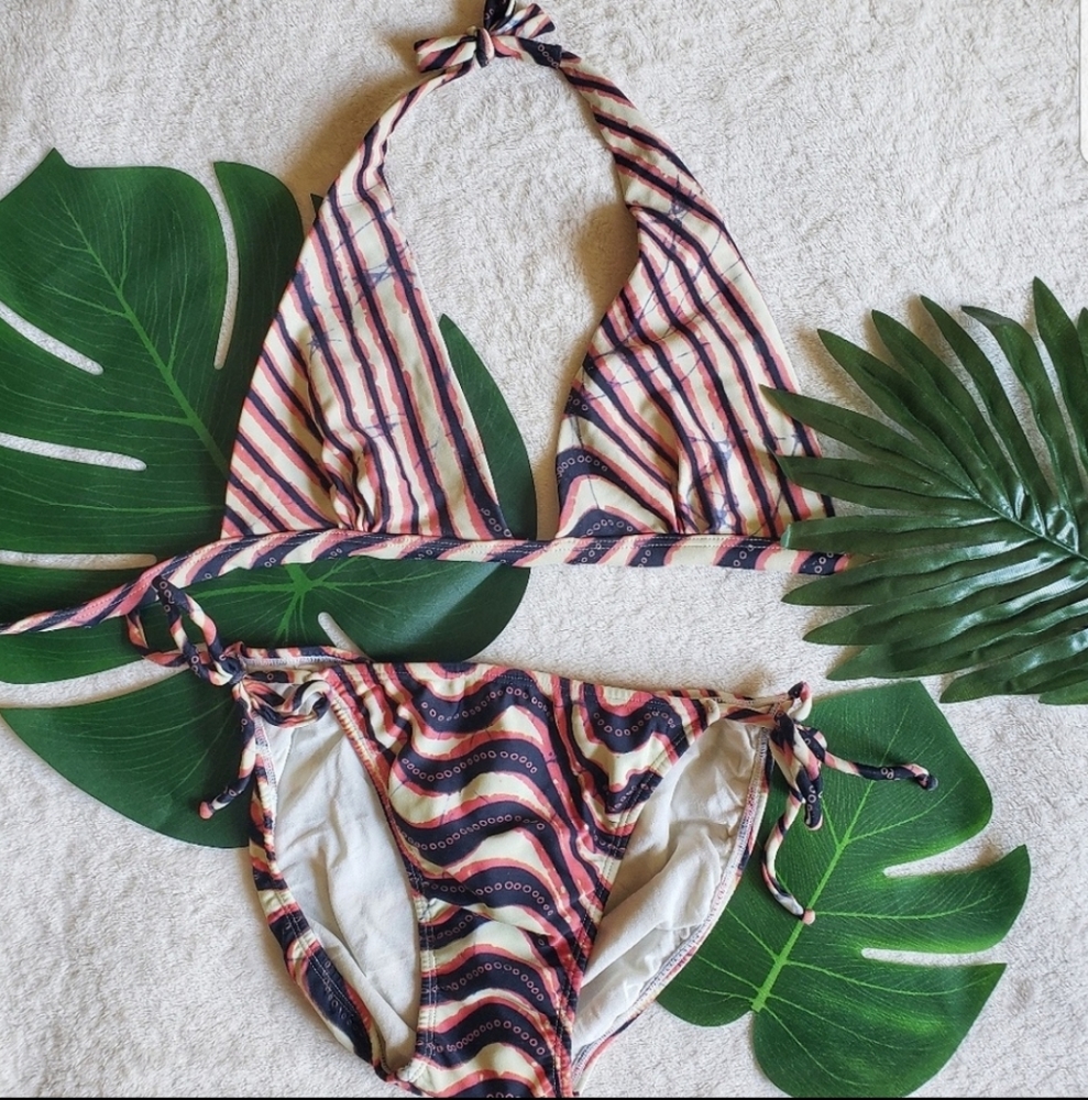 Lenny Niemeyer Triangle Wave Print Bikini Orange Navy Small Swim Beach Resort